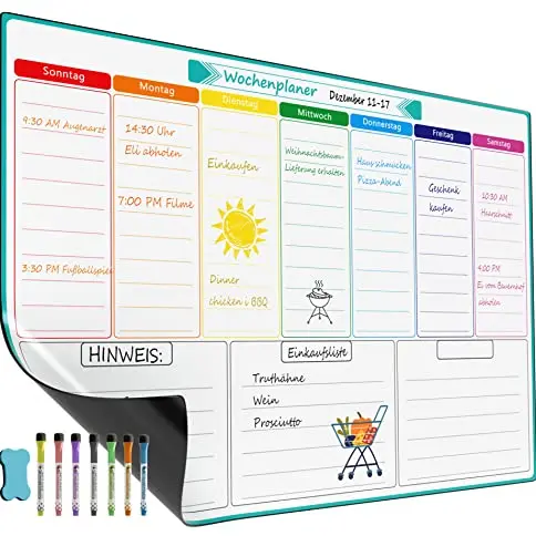 KTRIO A3 Magnetischer Wochenplaner für Haushalts- und Essensplanung – Weißes Whiteboard mit 7 Markern und Schwamm