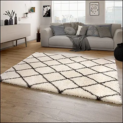 Paco Home Hochflor Teppich Wohnzimmer Shaggy Skandinavisches Rauten Muster 160x230 cm Creme