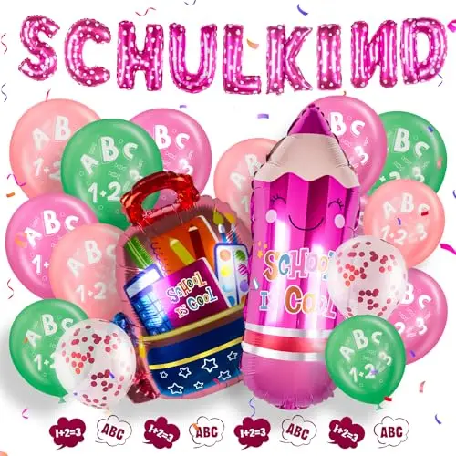 Schultüte mit Ballon Mädchen Rose und Grün, ABC & 123, Deko für den Schulanfang