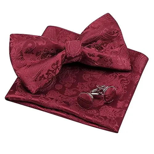 Herren Fliegen-Set mit Taschentuch und Manschettenknöpfen (Maroon)