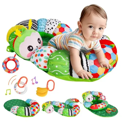 SAIMAND Baby Spielzeug 0-6 Monate, 3-in-1 Raupe Spielkissen für Bauchlage, Rassel, Beißring und Spiegel, ideales Geschenk