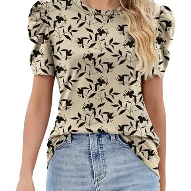 Damen Sommer Bluse mit Puffärmeln und Spitze, Lässiges T-Shirt, Rundhals, Elegant, Aprikose, S