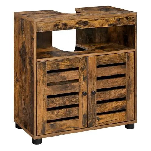 VASAGLE Waschbeckenunterschrank, 60 x 30 x 63 cm, vintagebraun, mit 2 Lamellentüren und verstellbarem Regal