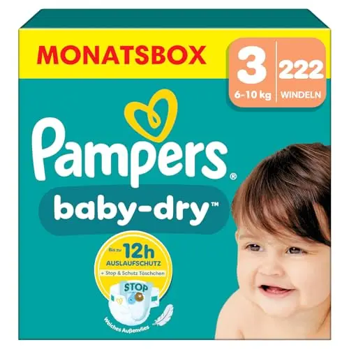 Pampers Baby-Dry Größe 3, 222 Windeln, für Babys 6-10 kg, Auslaufschutz & Komfort über Nacht