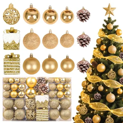 OIOYCLG Weihnachtskugeln Set 101 Stück, Gold Matt, Glänzend und Glitzernd für die Weihnachtsbaum Dekoration