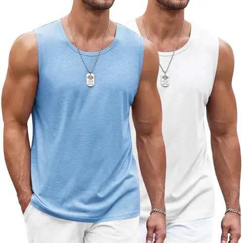 COOFANDY Herren Tank Top - Ärmelloses Fitnessshirt für Männer, Schnelltrocknend, Weiß/Hellblau (2 Stück)