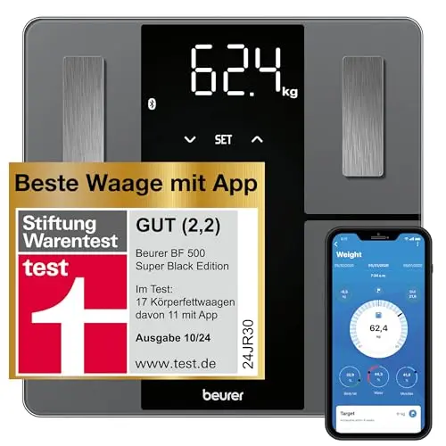 Beurer BF 500 Personenwaage mit Bluetooth, App & XL-Display, bis 180 kg, für Körperfett, Muskelanteil & Kalorienbedarf