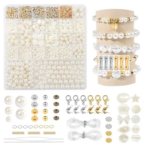 VGECEE 1737 Stück Perlen Set für Kinder - Weiße Unregelmäßige Armbänder 4-12mm mit Gold Abstandsperlen für DIY Schmuck