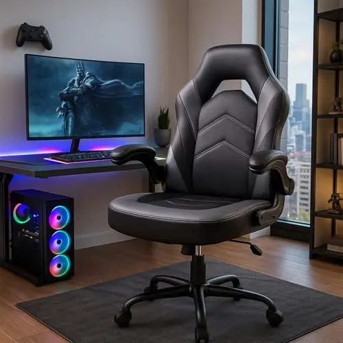 DUMOS Ergonomischer Gaming Stuhl - Verstellbarer Drehstuhl aus PU-Leder für Zuhause & Büro (Schwarz-Grau)