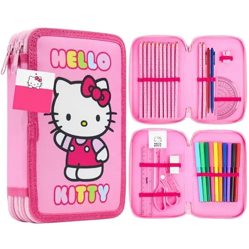 Hello Kitty Federmäppchen für Mädchen, gefüllt mit Buntstiften, Filzstiften & mehr, buntes Geschenk mit Cinnamoroll & Kuromi