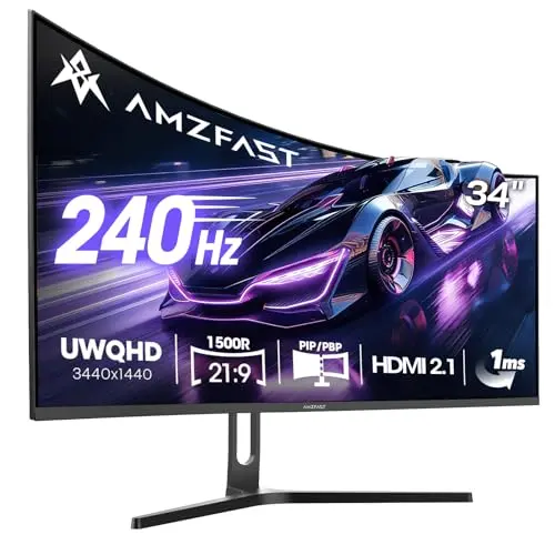 Amzfast 34 Zoll Curved Gaming Monitor, 3440x1440 UWQHD, 240Hz, 21:9 VA Panel