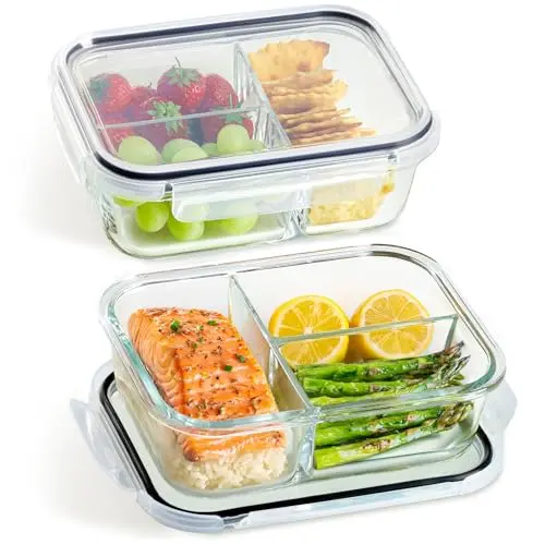 Praknu Meal Prep Boxen aus Glas 2er Set – 3 Fächer, 1000ml, luftdicht, BPA-frei, gefrier- und mikrowellengeeignet
