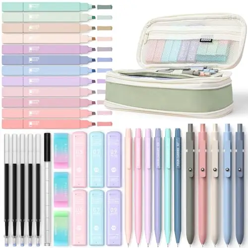 Four Candies 39 Stück Schulsachen Set mit Mäppchen und pastellfarbenen Stiften für Mädchen - Coole Schulartikel (Grün)