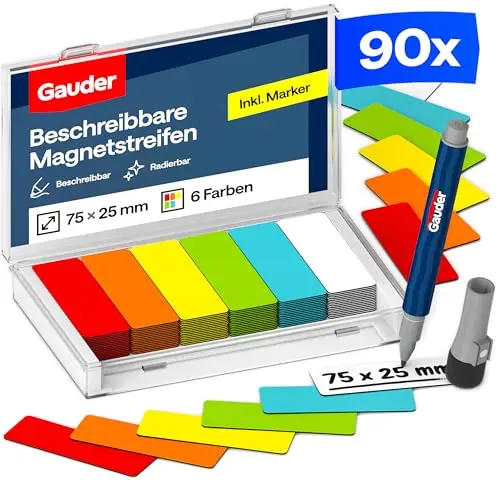 GAUDER Magnetstreifen beschreibbar, Magnetschilder Kanban (75x25mm, 90 Stk)
