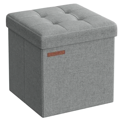 SONGMICS Sitzhocker mit Stauraum, klappbare Sitzbank, 30 x 30 cm, bis 130 kg belastbar, hellgrau