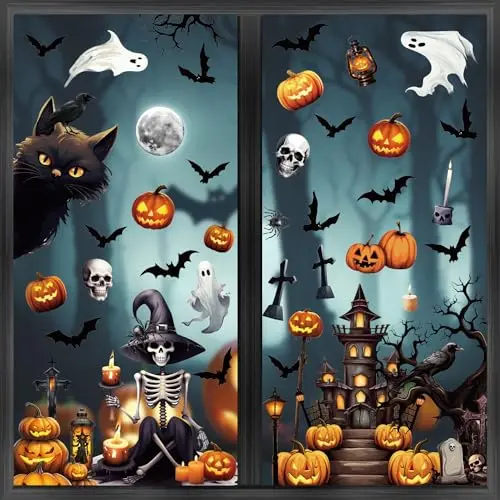 DERAYEE Halloween-Fensterbilder mit Hexen, Kürbissen, Sensenmann, Geistern, Katzen und Kerzen