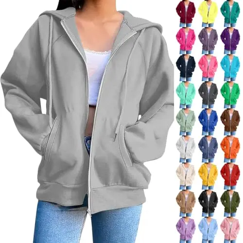 Damen Hoodi mit Kapuze und Reißverschluss, Oversize Sweatjacke für Herbst und Sommer