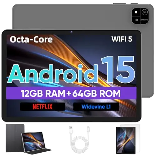 JIKOCXN 10.1 Zoll Android 15 Tablet, 12GB RAM, 64GB Speicher, 6000mAh Akku, WLAN, Bluetooth, Dual Kamera, GPS (Grau)