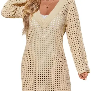 Saodimallsu Damen Strandkleid V-Ausschnitt Casual Bademode Kurz für Frauen - Khaki S