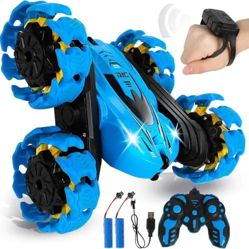 Ferngesteuertes Offroad Auto für Kinder ab 3 Jahren, 4WD RC Stunt Car mit 360° Drehung, 2 Batterien, Blau
