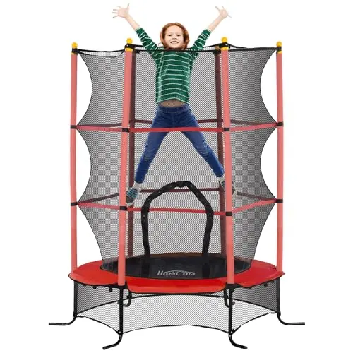 HOMCOM Kindertrampolin Ø163 cm mit Sicherheitsnetz - Gartentrampolin für Kinder 3-10 Jahre, bis 50 kg, Rot