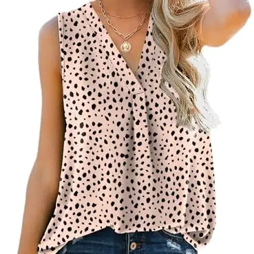 Aokosor Damen Tank Top - Elegantes, ärmelloses Sommeroberteil mit V-Ausschnitt in Beige mit Punkten (Größe M)