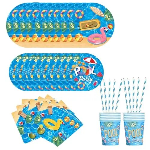 60er Set Schwimmringe für Strand- und Poolpartys, Geschirr, Teller, Tassen und Servietten