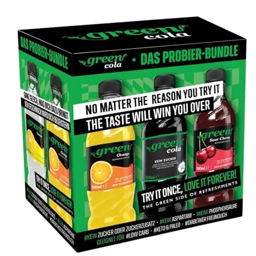 Green Limited Edition Probierpaket – 6x500ml PET – Zuckerfrei, Ohne Aspartam – Cola, Orange, Sour Cherry, Passion Fruit, Lemon, Lemon Lime