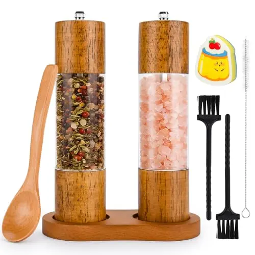 BBWELL Salz- und Pfeffermühle Set aus Holz – Manuelle Gewürzmühle mit verstellbarem keramischen Mahlwerk für Pfeffer und Chili