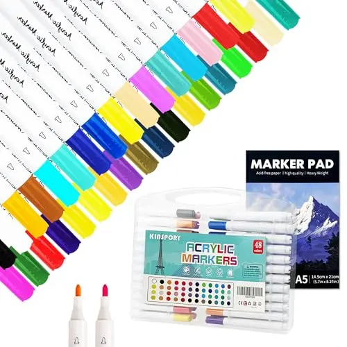 KINSPORY Acrylmarker Wasserfest 48 Farben für Steine, Glas, Holz, Keramik und Leinwand - Ideal zum Basteln
