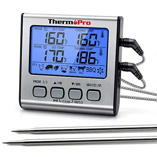 ThermoPro TP17 Digitales Grillthermometer mit 2 Edelstahlsonden und blauer Hintergrundbeleuchtung
