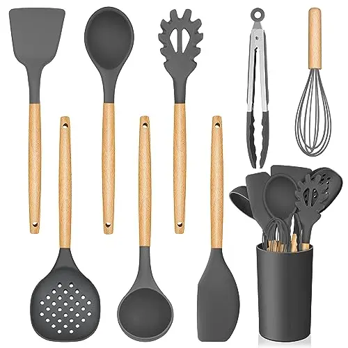 Homikit 9-teiliges Silikon Küchenhelfer Set mit Holzgriff und Utensilienhalter, hitzebeständig, grau