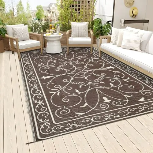 Famibay Outdoor Teppich wendbar, wetterfest, leicht und faltbar für Terrasse, Garten, Balkon und Camping (Kaffee, 150 x 245 cm)