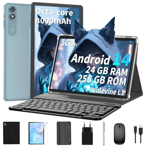 QDDQ 10 Zoll Android 14 Tablet mit Tastatur, 12GB RAM, 256GB Speicher, 8000mAh, 5G WiFi, FHD Schwarz