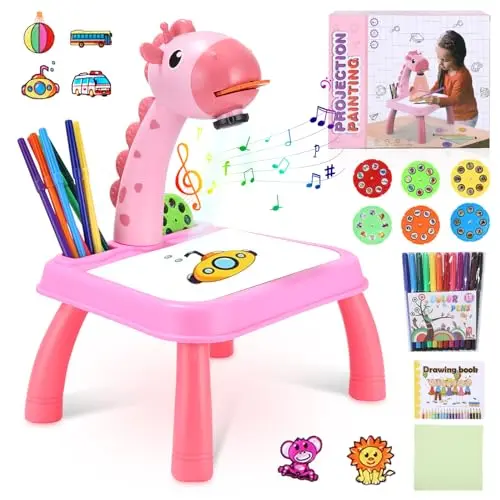 Zeichenprojektor Für Kinder mit 48 Mustern, Musik, Skizzenbuch & Farben, rosa