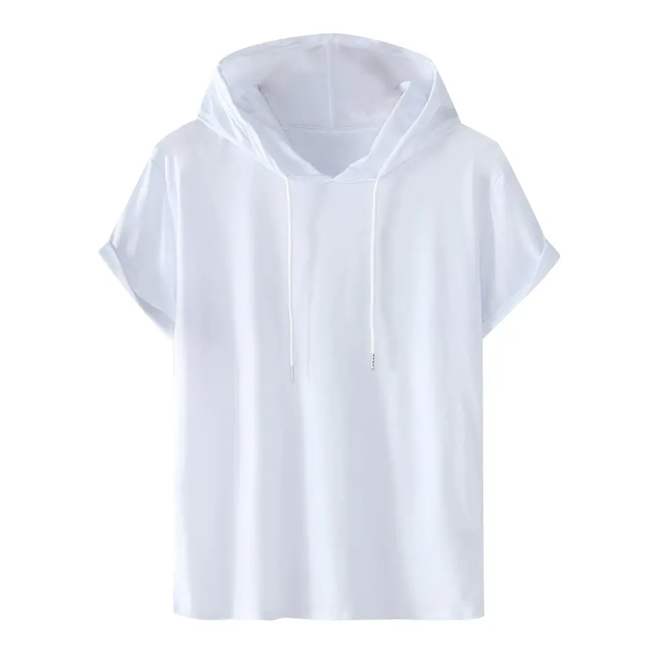 Herren T-Shirt mit Kapuze, Kurzarm, Oversize, einfarbig, Freizeit, Weiß, M