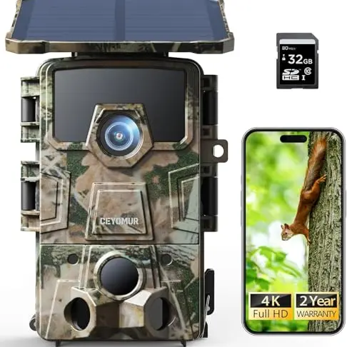 CEYOMUR 4K Wildkamera mit Wi-Fi, 60MP, 120° Erfassungswinkel und Nachtsicht, 5200mAh Akku, 32GB SD-Karte
