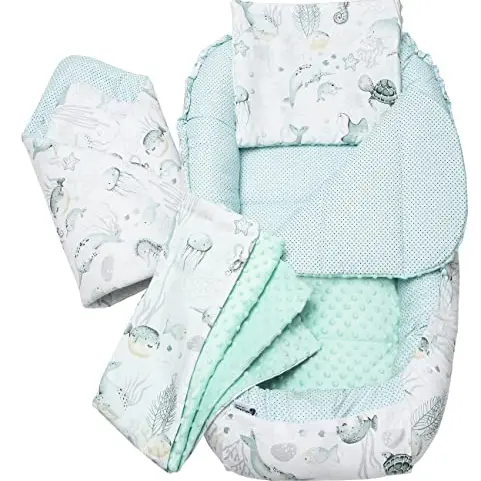 Medi Partners Babynest Set für Neugeborene - Tragbares 5-teiliges Kuschelnest (Ozean mit Minze Minky)