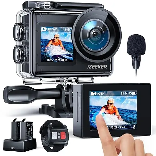 iZEEKER 4K Action Cam mit Dual-Screen und Touchscreen - Wasserdicht bis 40m, Vlog Kamera mit Zubehör