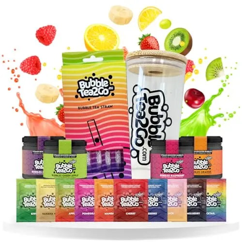 BubbleTea2Go - Früchtemix Special Paket mit 10 Premium Tees, 4 Bubbles, 5 Glasstrohhalmen und 1 Bubbletea Glas