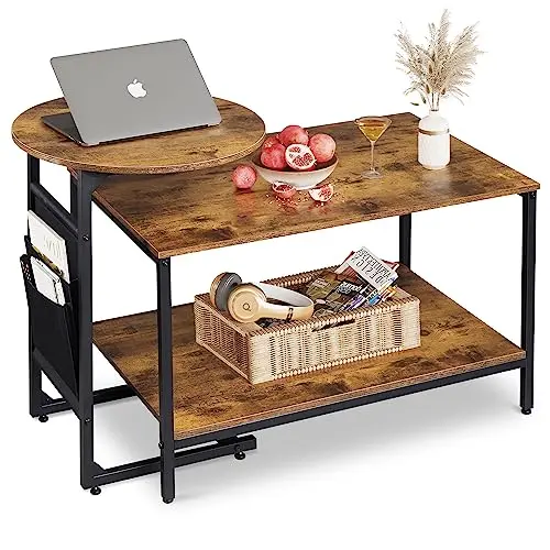 WLIVE Rund Couchtisch mit 2 Ebenen, Holz & Metallrahmen, Modernes Design für Wohnzimmer & Schlafzimmer, Braune Walnuss