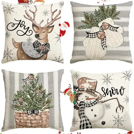 4 Stück Weihnachtskissenbezüge Rentier, Schneemann, Handschuhe, Holly - Leinen Kissenhüllen (Weiß)
