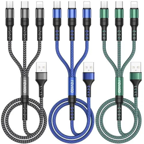 RAVIAD 3-in-1 USB Ladekabel Set (3 Stück, 1.2m) - Nylon Schnellladung für iPhone, Android, Samsung, Huawei, LG