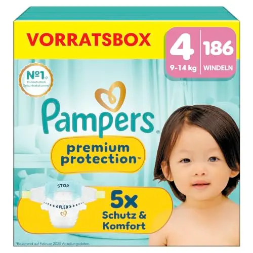 Pampers Premium Protection Größe 4, 186 Windeln, 9kg-14kg