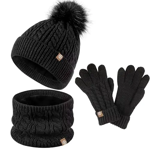 fdsmall Kinder Winterset: Hut, Schal und Handschuhe, Dicke gestrickte Gaiter mit Kunstfell (Schwarz)