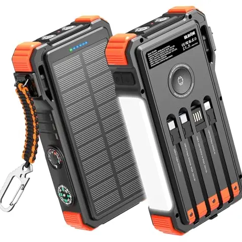 BLAVOR Solar Power Bank 20000mAh, tragbarer Akku mit 20W Schnellladung, Taschenlampen und Karabiner für alle Handys, inkl. kabellosem Ladegerät