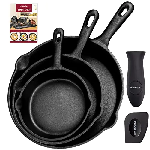 OVERMONT Gusseisen Grillpfanne Set - 3 Stück Bratpfannen für Grill und Backofen
