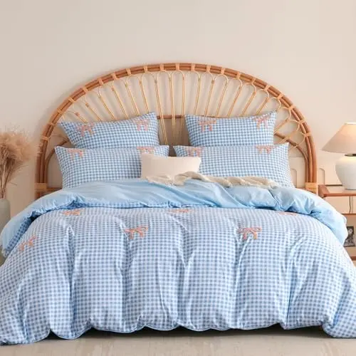 Lanqinglv Bettwäsche Set 220x240 cm Blau mit Schleifen, romantisches Design mit 2 Kissenbezügen 80x80 cm