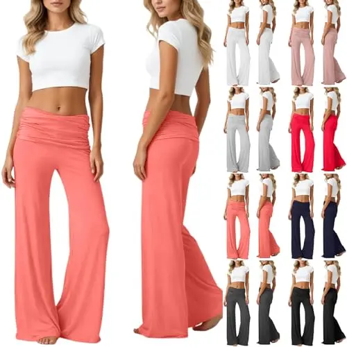 Coral Fold Over Yoga Pants Damen, Weite Palazzo Hose mit hohem Umschlagbund