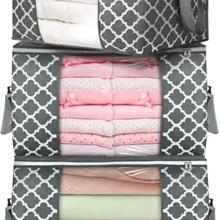 Budding Joy 90L Aufbewahrungstasche, Faltbare Box mit Deckel für Kleidung und Bettwäsche, 3 Stück